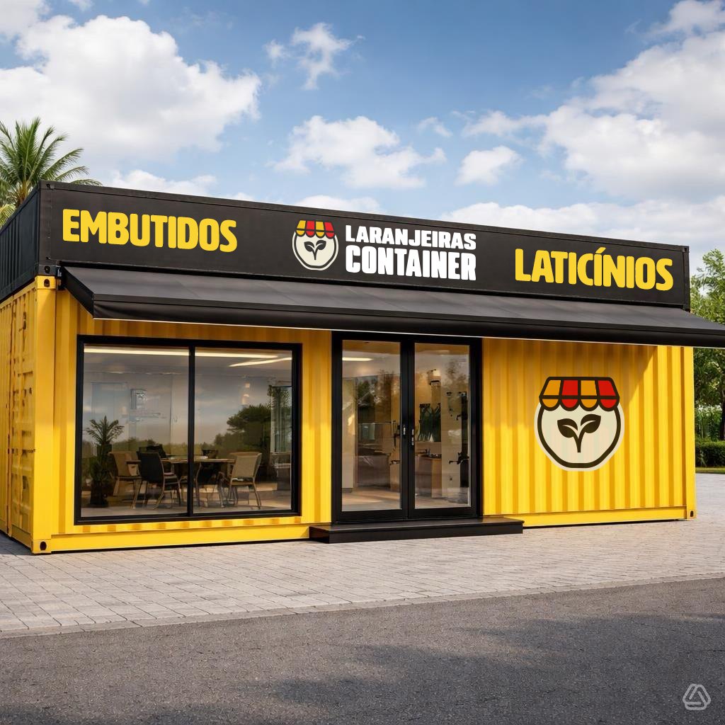 Fachada da Laranjeiras Container: loja em container amarelo com toldo preto e letreiro Embutidos e Laticínios.